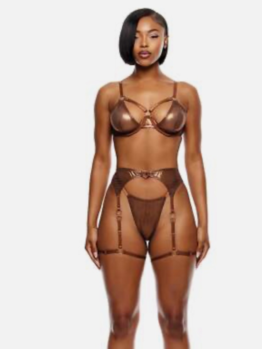 Forplay Liquid Metal Metallic Mesh Bra and Garter Belt Lingerie Set - Copper
